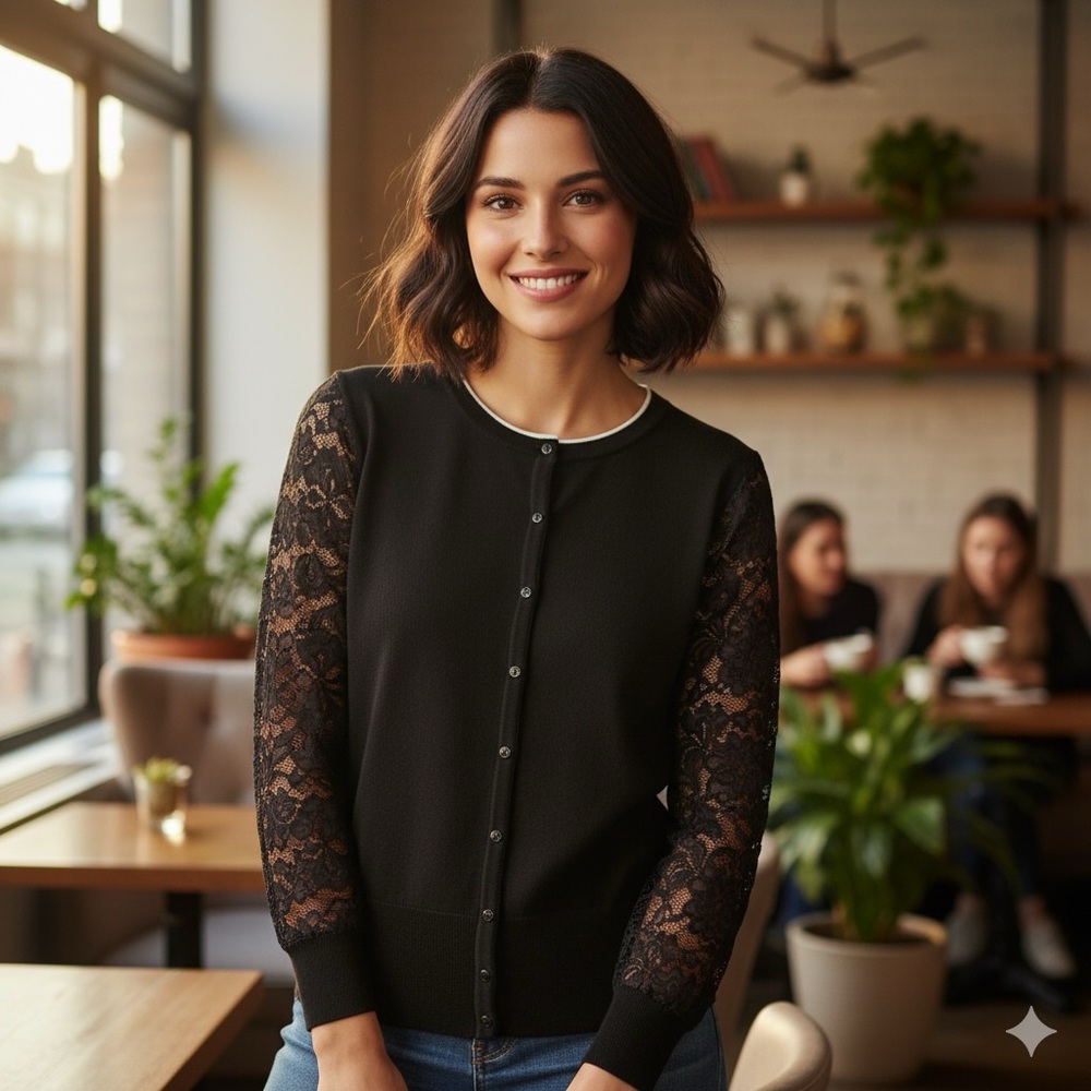 White House Black Market Lace Sleeve‎ Button Cardigan Black Sweater Women’s M